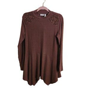 Logo By Lori Goldstein Brown Long Sleeve Ribbed Knit Top Lace Insert Size M